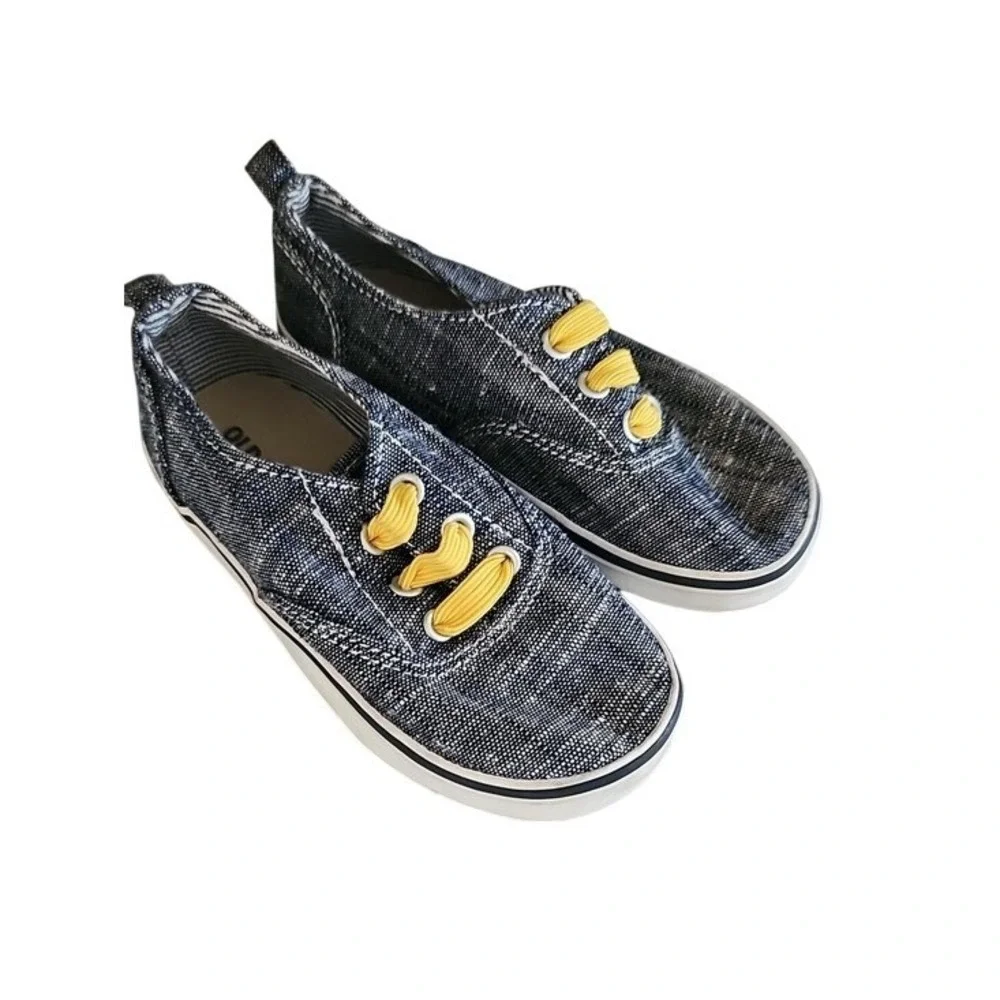 Old Navy Kids Dark Chambray Low Top Sneakers Yellow Elastic Laces Size 9 3T/3A